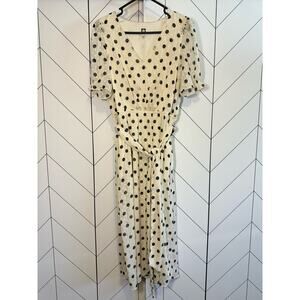 Anne Klein Women Small Light Crema Midnight Navy Blue White Polka Dot Midi Dress